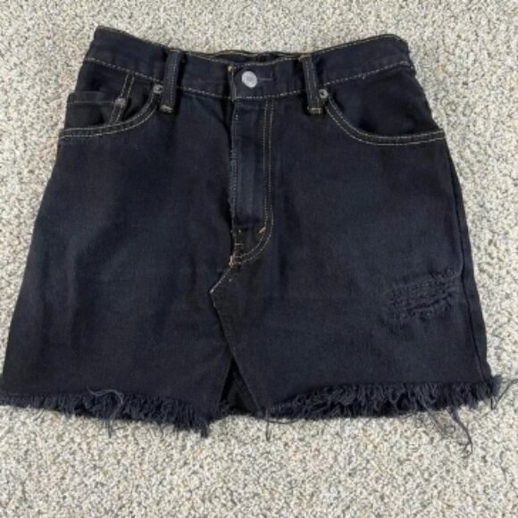 Levi's 505 Denim Skirt Women's 24 Upcycled Mini Distressed Black High Rise - Picture 1 of 5